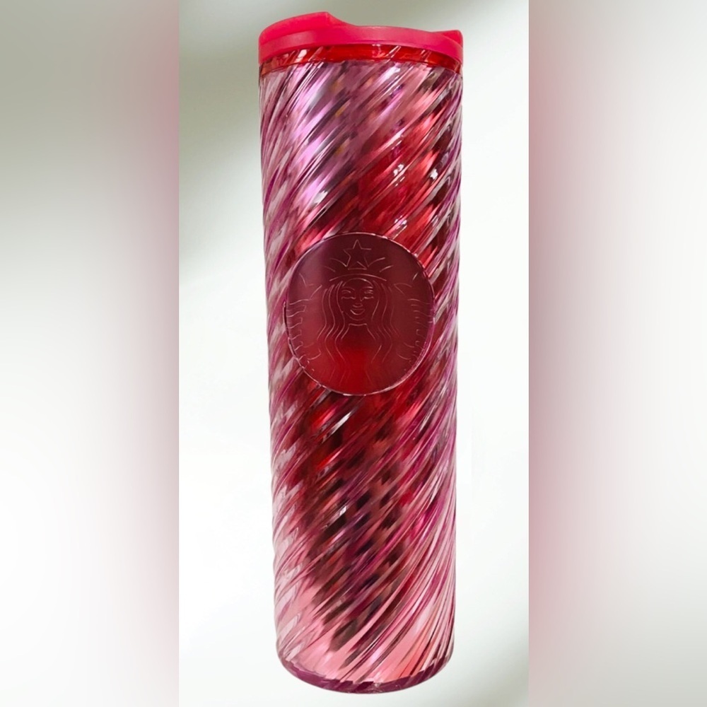 Starbucks 2022 Holiday Candy Cane Swirl Acrylic Tumbler 16oz Travel Mug Pink/Red